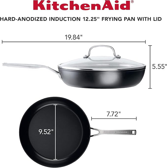 KitchenAid Hard Anodized Induction Nonstick Frying Pan Set With Tempered Lids, 4-Piece - 10 & 12 Inch – Durable, Even Heating, Oven Safe to 500°F, Dishwasher Safe, Easy-Clean