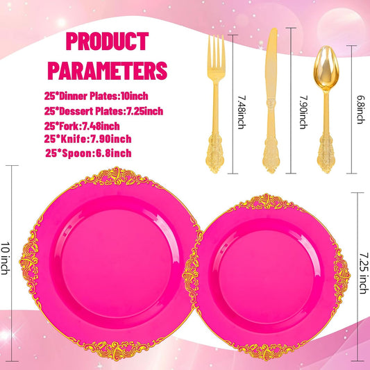 125PCS Hot Pink Plastic Plates - Pink Disposable Plate - Elegant Party Plates with Gold Plastic Silverware Sets for 25 Guests for Party & Birthday & Baby Shower