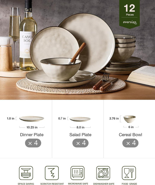 Famiware Dinnerware Sets for 4, Ocean Round 12-Piece Kitchen Plates and Bowls Sets, Microwave and Dishwasher Safe, Scratch Resistant, Light khaki