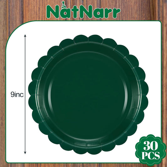 30 Pcs Dark Green Plates 9 Inch Scalloped Christmas Plates Disposable Green Dessert Dinner Plate Holiday Party Plate for Thanksgiving, Christmas, Birthday