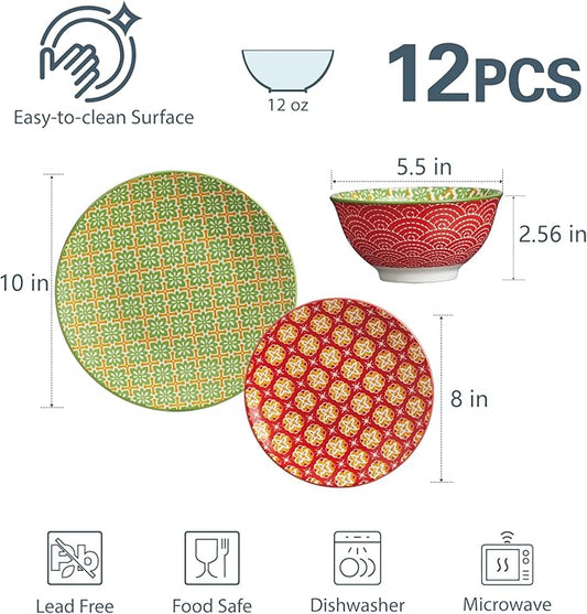 ONEMORE 12 Piece Ceramic Dinnerware Set for 4, Porcelain Plates and Bowls Set - Microwave, Dishwasher & Oven Safe, Durable Everyday & Formal Use, Colorful Stoneware Dish Set