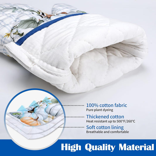 Blue Fall Pumpkin Oven Mitts and Pot Holders Sets 2Pcs, 100% Cotton Heat Resistant, Extra Long Oven Gloves Potholder for Thanksgiving Kitchen Cooking Baking Decoration