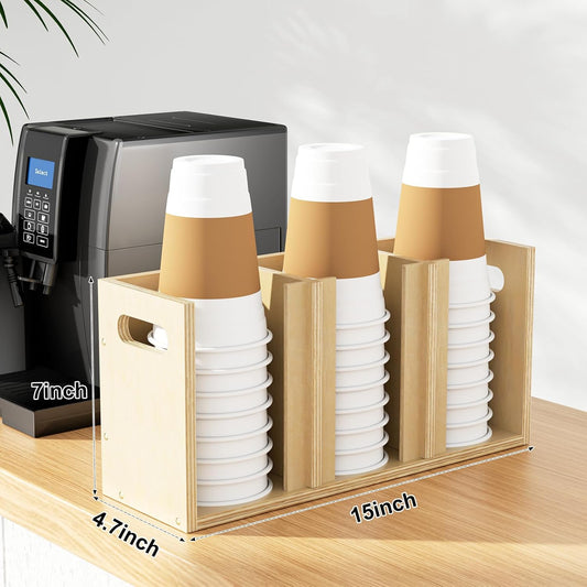 Wood Cup Lid Organizer 3 Compartments with Adjustable Dividers for Counter Wall Mount Disposable Cup and Lid Storage Kitchen Restaurants Fast Food Coffee Shop Supplies (15”W x 7”H x 4.7”D)