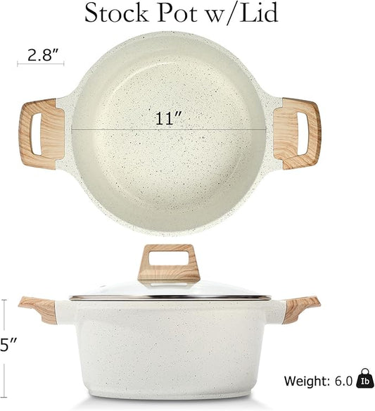 ESLITE LIFE Nonstick Stock Pot with Lid, 7 Quart Granite Casserole Large Soup Pot Pasta Cooking Pot, Induction Compatible, PTFE & PFOA Free, White