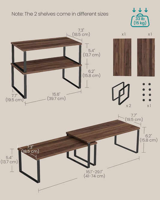 SONGMICS Cabinet Organizer Shelf, Set of 2 Kitchen Counter Shelves, Kitchen Storage, Spice Rack, Stackable, Expandable, Metal and Engineered Wood, Natural Walnut and Matte Black UKCS025K01