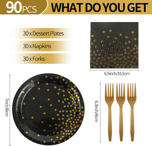 90PCS Black and Gold Paper Plates and Napkins Set, Disposable Gold Dot Party Plates with Napkins Forks Dessert Dinnerware Party Supplies for Wedding, Graduation, Festivals