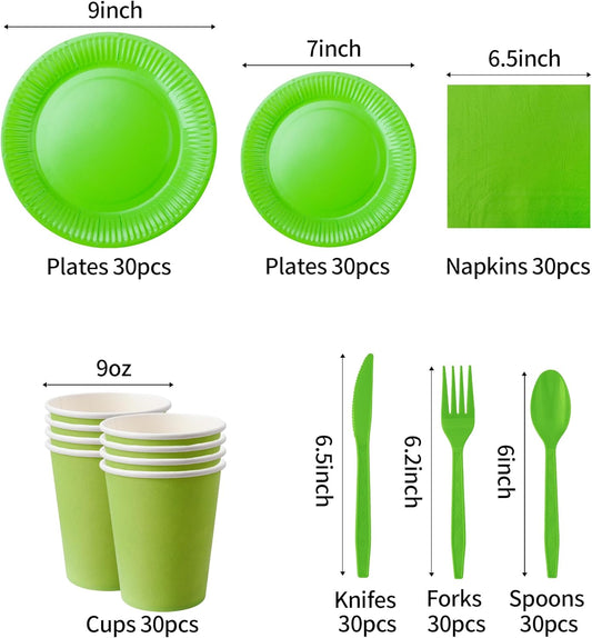 210pcs Grass Green Paper Plates Disposable Tableware Party Supplies- Includes 9" Dinner Plates, 7" Dessert Plates, 9oz Paper Cups, Napkins, Plastic Forks, Knives And Spoons For All Holiday Parties