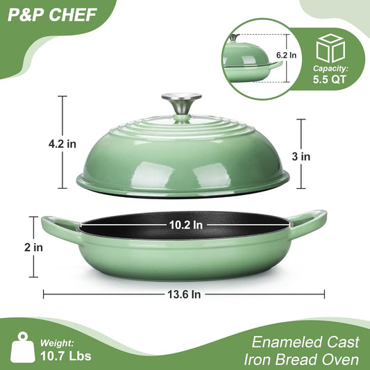 P&P CHEF Bread Dutch Oven for Sourdough, 5.5 Quart Enameled Cast Iron Dutch Oven Pot with Lid for Homemade Bread Baking, Easy to Clean & Even Heat, Pistachio Green