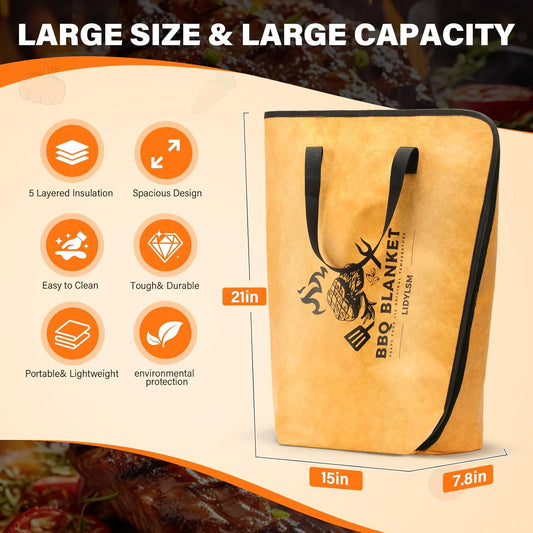 BBQ Blanket for Resting Meat- 2-pack21inch, Reusable Insulated Meat Resting Bag for Tender Barbecue and Moisture Retention,Wide Mouth Design for Large Brisket,Turkeys,Steak,Pork Shoulders
