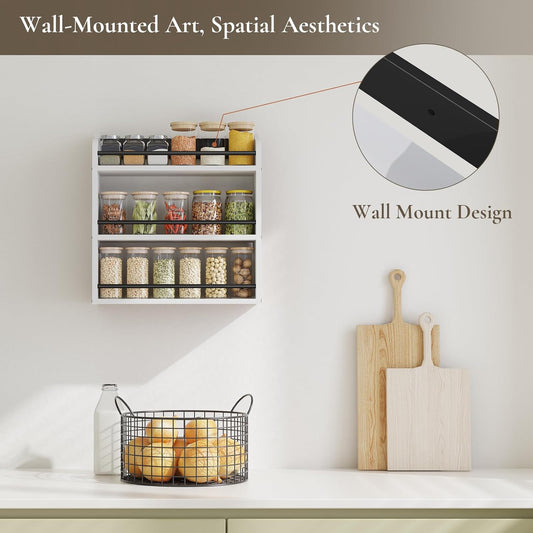 3 Tier Wooden Spice Rack, Seasoning Jars Rack Shelf Spice Organizer for Countertop or Wall Mount, Vertical Spice Holder for Kitchen Counter, Cabinet, Pantry, White