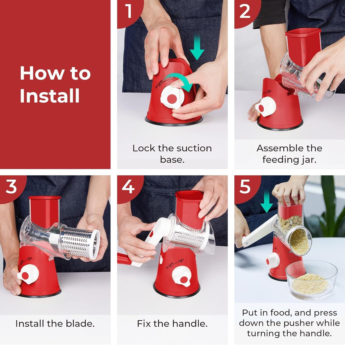 X Home Rotary Cheese Grater for Kitchen, Shredder with 3 Interchangeable Blades, Rotary Grater with Handle and Strong Suction Base, for Vegetables, Fruit, Nuts, Easy to Use and Clean, Red