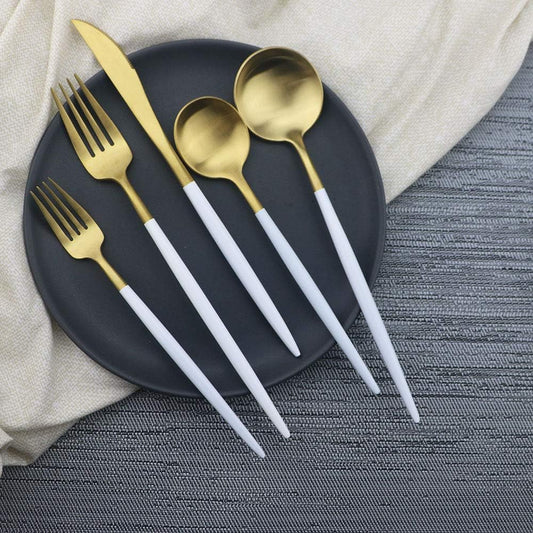 JASHII Luxury Wthie Gold Flatware, Silverware Sets, 5-piece Elegant Cute 18/10 Stainless Steel Silverware Set for Eating Home Kitchen Hotel Restaurant, Service Sets for 1 People, Dishwasher Safe