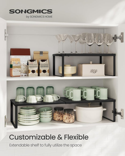 SONGMICS Expandable Pantry Kitchen Organizers, Adjustable Spice Rack, Stackable Cabinet Organizers, Metal, Space-Saving Tabletop Shelves, Matte Black UKCS007B01