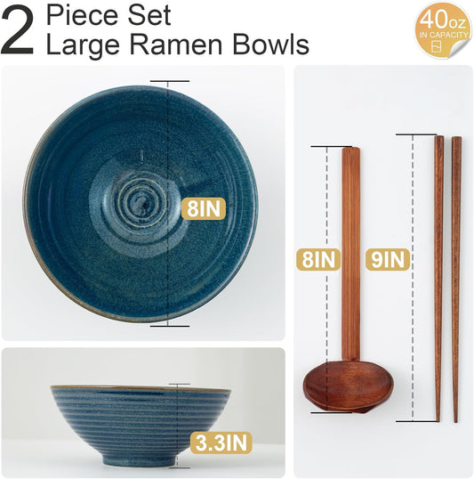 8 Inch Ceramic Ramen Bowl Set of 2, 40oz Japanese Bowls with Spoons & Chopsticks,Durable,Microwave & Dishwasher Safe,Perfect for Ramen,Pho,Salad,Soup,Noodles,Mixing bowls(Azure)