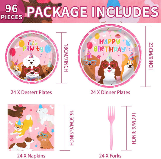 Grencian 96 Pcs Dog Birthday Party Supplies Puppy Tableware Set Disposable Dog Paper Plates Napkins Forks Pink Dogs Themed Party Decorations for Lets Pawty Puppy Birthday Decorations Serves 24