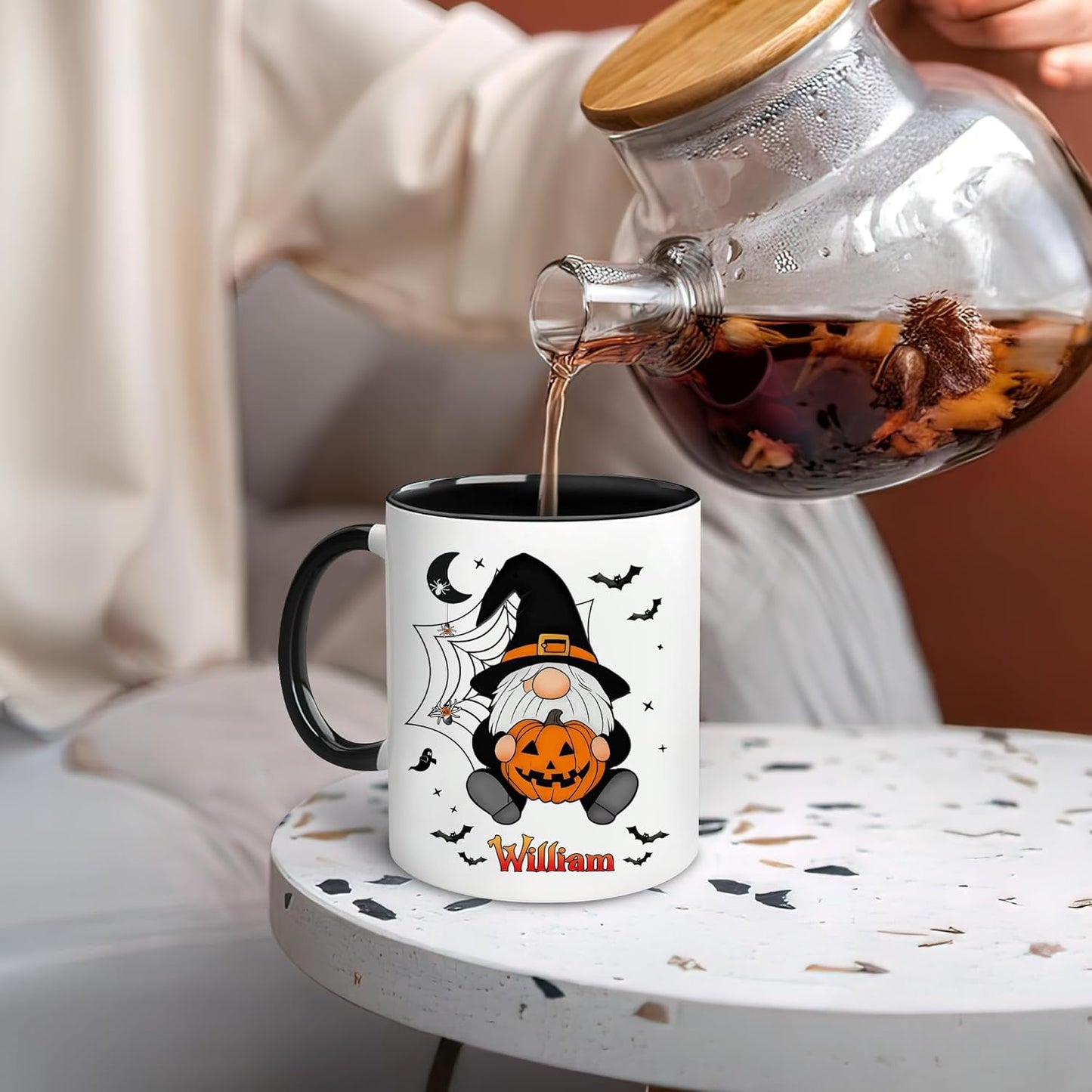 Hyturtle Custom Halloween Gnome Mug with Name – Pumpkin Witch Gnome Coffee Cup – Personalized Spooky Season Gift for Women – Halloween Decor – 11oz Ceramic Mug