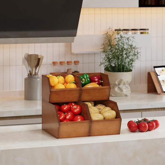 2 Set Bamboo Pantry Storage Bins Wood Stackable Baskets Potato and Onion Storage Bins Fruits Vegetable Bread Organization for Kitchen Counter