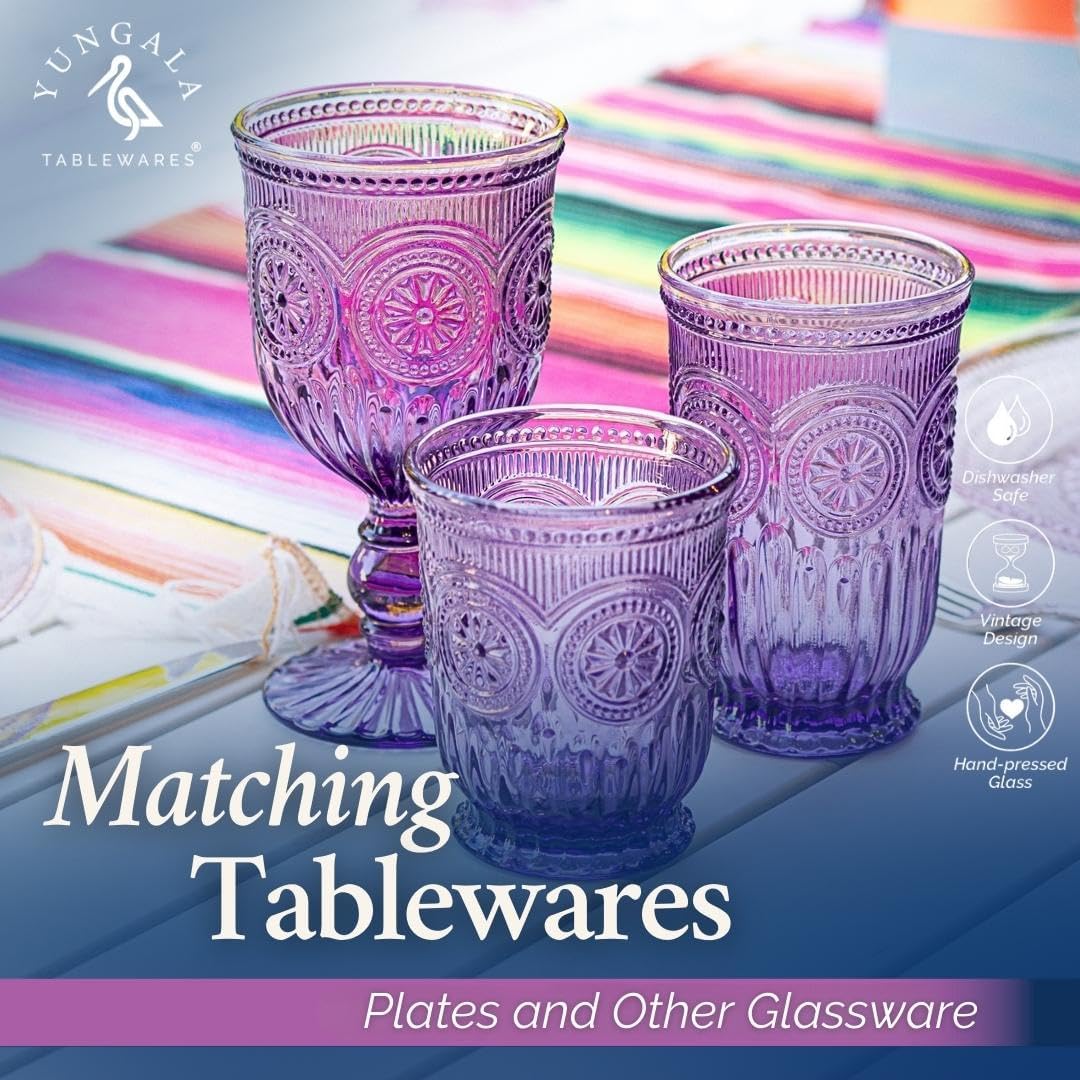 Yungala Purple Glassware, set of 6 purple drinking glasses small textured colored vintage glass cups 8 oz purple water glasses