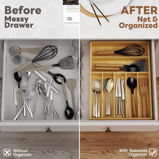 Bamboo Kitchen Silverware Drawer Organizer - 13 Inch Utensil Tray with 7 Slots and Deep Grooved Dividers for Flatware Cutlery Knives, Forks, Spoons - Kitchen Utensil Holder