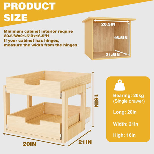 Pull Out Cabinet Organizer, 20''W×21''D×16''H Soft Close Slide Out Wooden Pull out Drawers, Double Tier Slide out Wood Cabinet Organizer, for Base Cabinet Organization in Kitchen, Pantry, Bathroom
