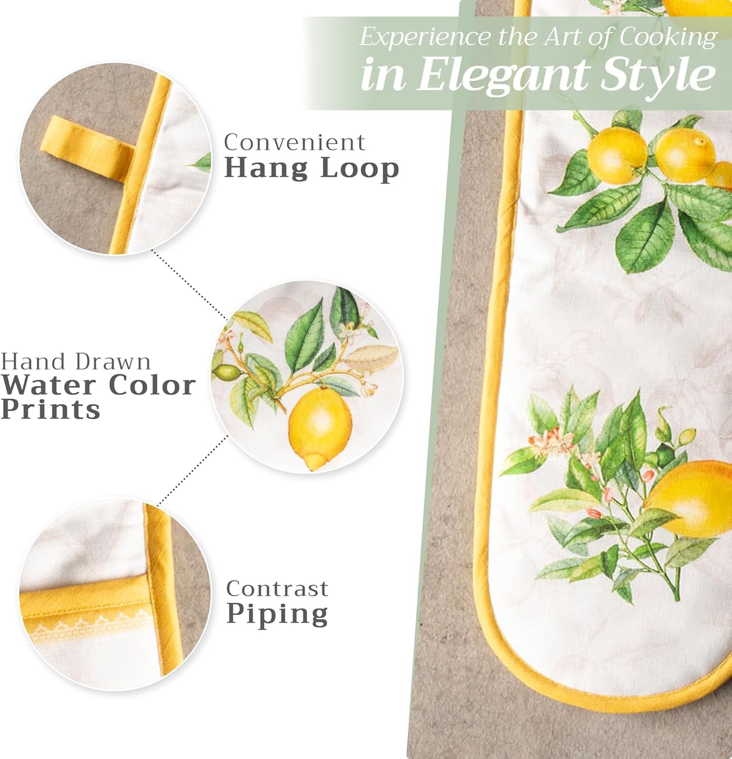 Maison d' Hermine Double Oven Mitts 100% Cotton 7"x35" Double Oven Mitt Heat Resistant BBQ Cooking Gloves with Loop, Baking, Grilling, Home, Kitchen, Handling Hot Pans Spring Summer (Limoncello)