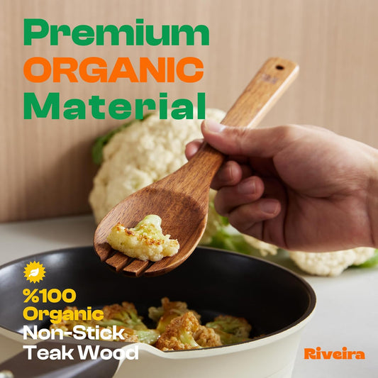 Riveira Teak Wooden Cooking Utensils Set of 9 Premium Quality Non-Toxic Wooden Spoons & Spatulas for Cooking, Stirring, Flipping & Serving