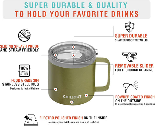 CHILLOUT LIFE Stainless Steel 16 oz (Set of 2) Vacuum Insulated Coffee Mug with Handle and Lid, Large Thermal Camping Coffee Mugs with Sliding Lid for Men & Women