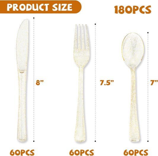 180PCS Gold Plastic Silverware Set, Disposable Glitter Gold Cutlery, Flatware Set, 60 Forks, 60 Spoons, 60 Knives, Fancy Party Utensils for Christmas
