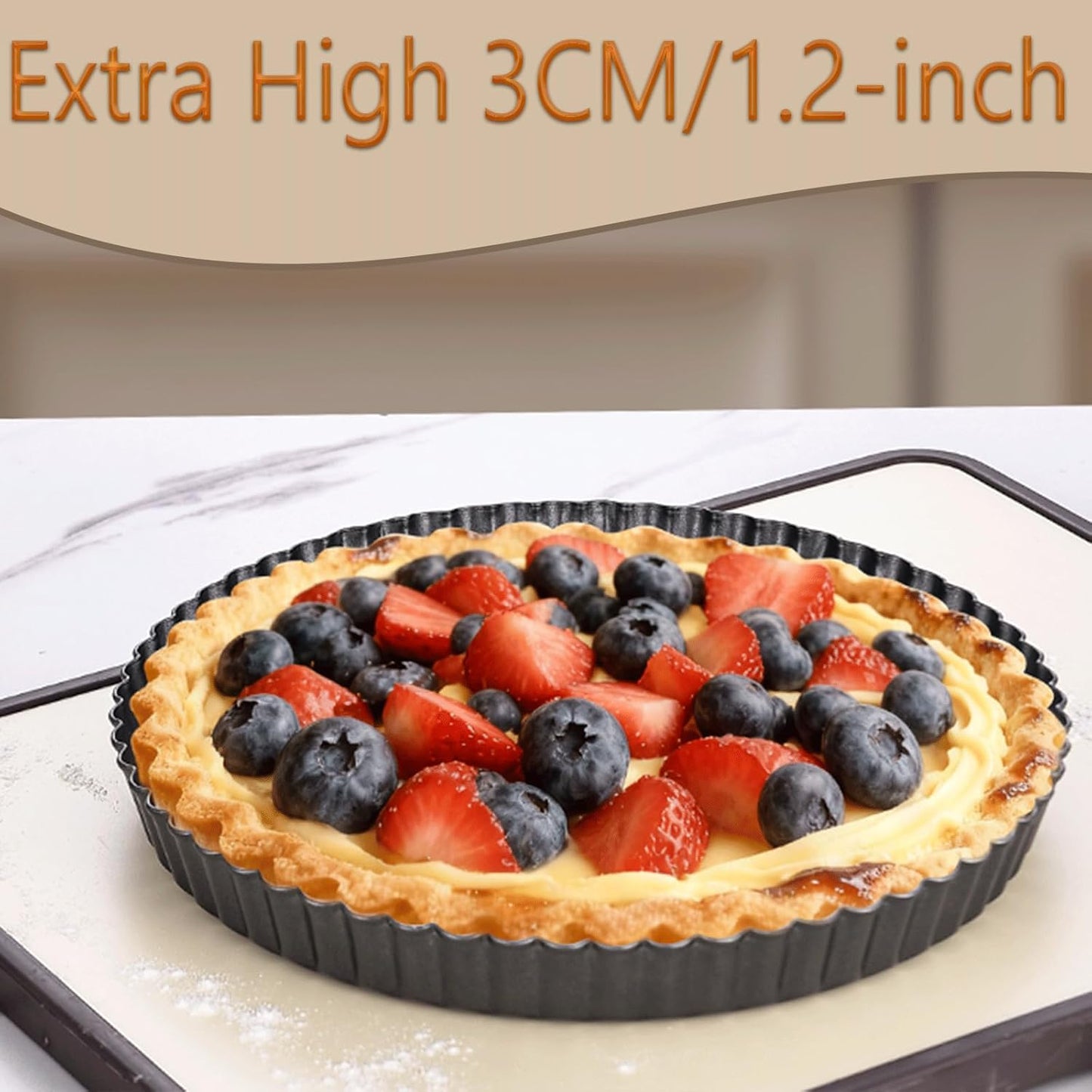 10 Inch Nonstick Tart Pan with Removable Bottom, Carbon Steel Quiche and Pie Pan- 1.1-Inch Depth, Fluted Edges for Baking Tarts, Quiches, Mousse Cakes, and Desserts
