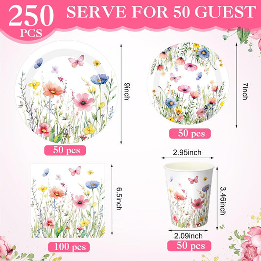 250 Pcs Wildflower Party Decorations Include Spring Summer Floral Paper Plates Napkins and Cups for Wildflower Baby Shower Tea Decorations, Serve 50 Guest(Colored,Vivid Style)