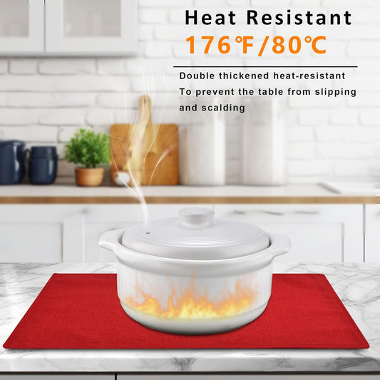 SLKQG Red Linen-Look Fabric Placemats Set of 4, Heat Resistant & Machine Washable Double-Layered Cloth Placemats for Dining Table, Indoor/Outdoor Use, Non-Slip Kitchen Table Mats (4, Bright Red)