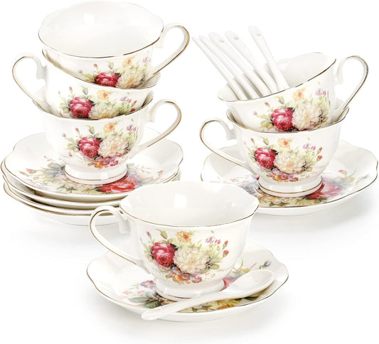 Foraineam Floral Tea Cup with Saucers and Spoons Set of 6 - Coffee Cups and Saucers with Gold Trim - 6 oz Porcelain Ivory Latte Cup and Espresso Mug for Coffee Drinks and Tea