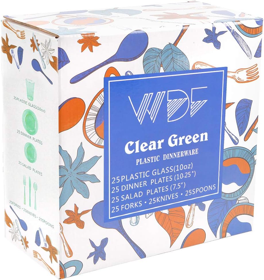 WDF 25 Guest Green Plastic Plates with Disposable Silverware&Green Cups-Neon Clear Plastic Dinnerware include 25 Dinner & Salad Plates,25 Forks, 25 Knives, 25 Spoons,25 Cups for Party