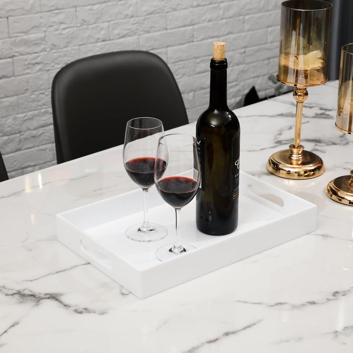 Glossy White Sturdy Acrylic Serving Tray with Handles-10x15Inch-Serving Coffee Appetizer Breakfast Butler-Kitchen Countertop-Makeup Drawer Organizer-Vanity Table Tray-Ottoman Tray