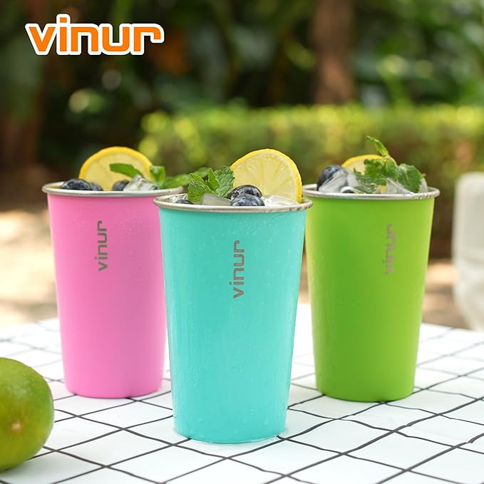 VINUR 4 Pack Stainless Steel Cups 16 oz Pint Tumbler Stackable Metal Drinking Glasses for Travel, Camping, Outdoors (Sky Blue-Orange-Hot Red-Apple Green)