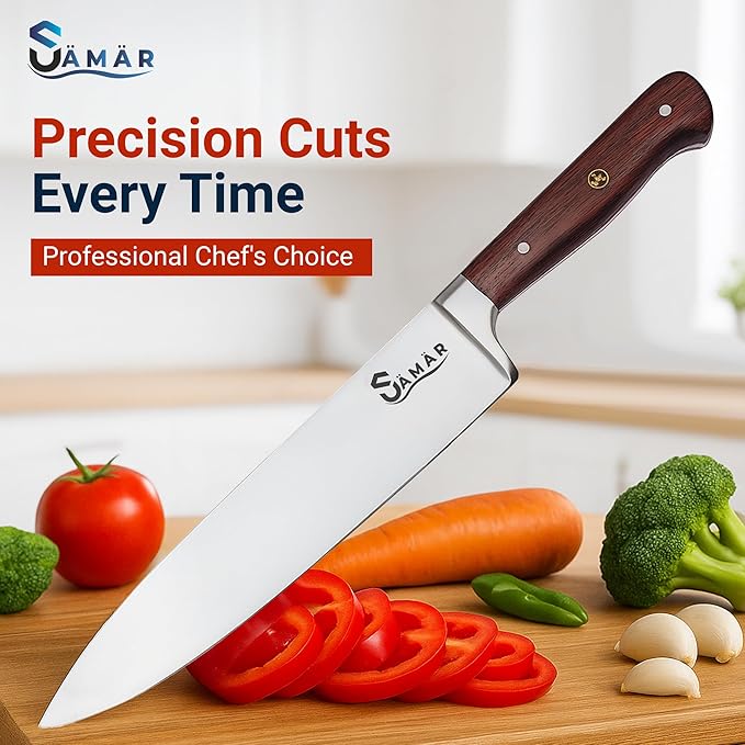 Chef Knife 8 Inch – Professional Stainless Steel Chef’s Knife with African Wood Wenge Handle & Mosaic Pin – Cuchillo de Cocina Profesional – Sharp Kitchen tool for Meat & Vegetables