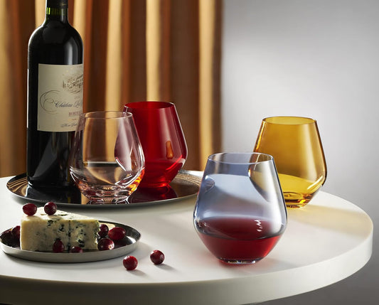 Godinger Wine Glasses, Stemless Wine Glasses, Red Wine Glasses, Drinking Glasses, European Made Stemless Wine Glass - Turquoise, 17oz, Set of 4