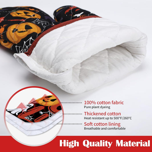 Halloween Pumpkin Oven Mitts and Pot Holders Sets 4Pcs, 100% Cotton Heat Resistant, Extra Long Oven Gloves Potholder for Kitchen Cooking Baking Decoration