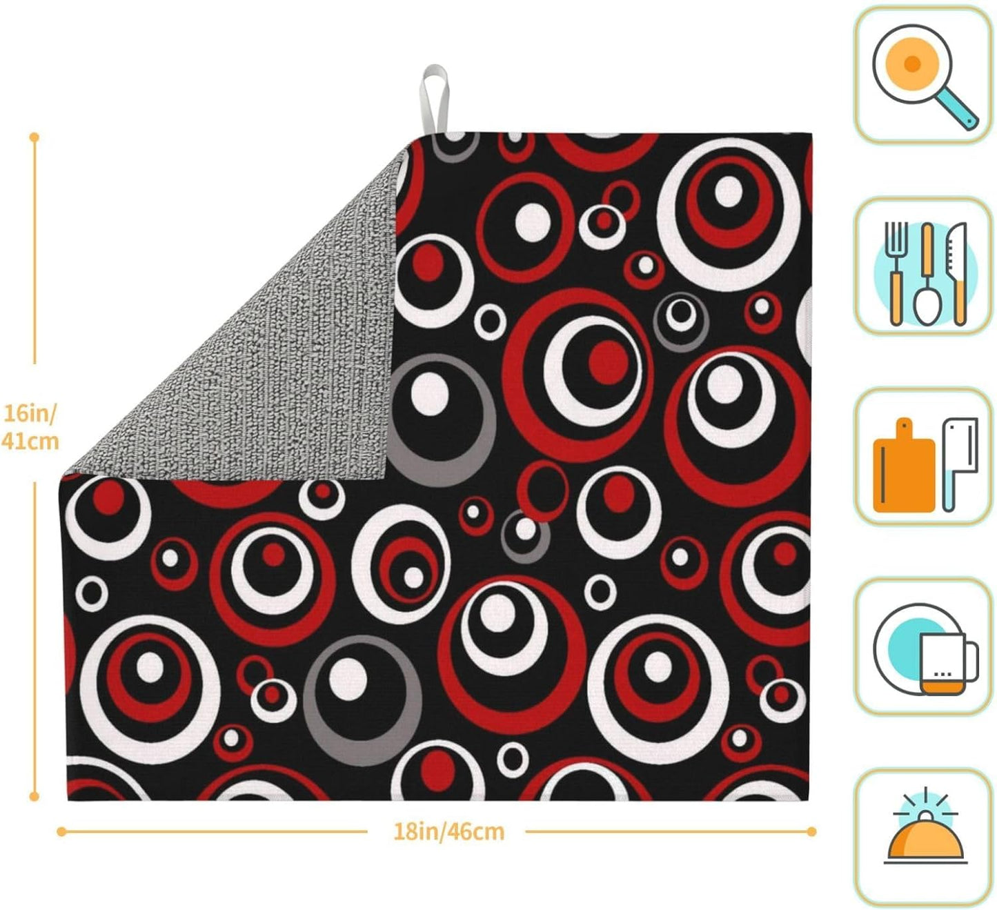Red Black White Retro Geometric Circle Dish Drying Mats for Kitchen Counter, Absorbent Microfiber Drying Pad for Dishes, Foldable Modern Art Kitchen Mat for Dish Racks & Sink, Home Decor, 16" x 18"