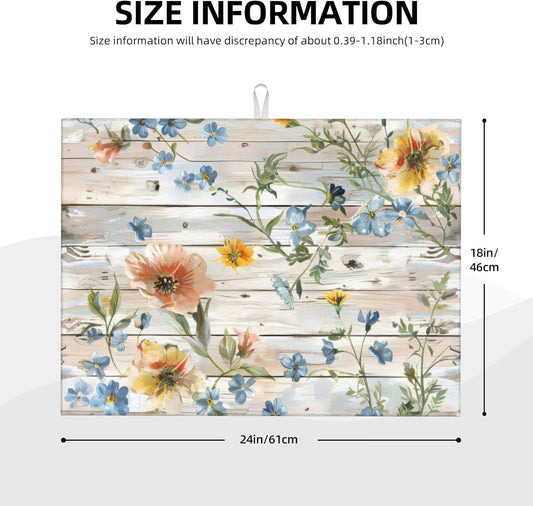 Flowers on Wooden Board Dish Drying Mat 18x24 Inch, Microfiber Absorbent Fast Dry Mat Floral Large Dish Mat Drying Kitchen Mat, Kitchen Drying Pad for Kitchen Counter Coffee Bar Decor Gifts