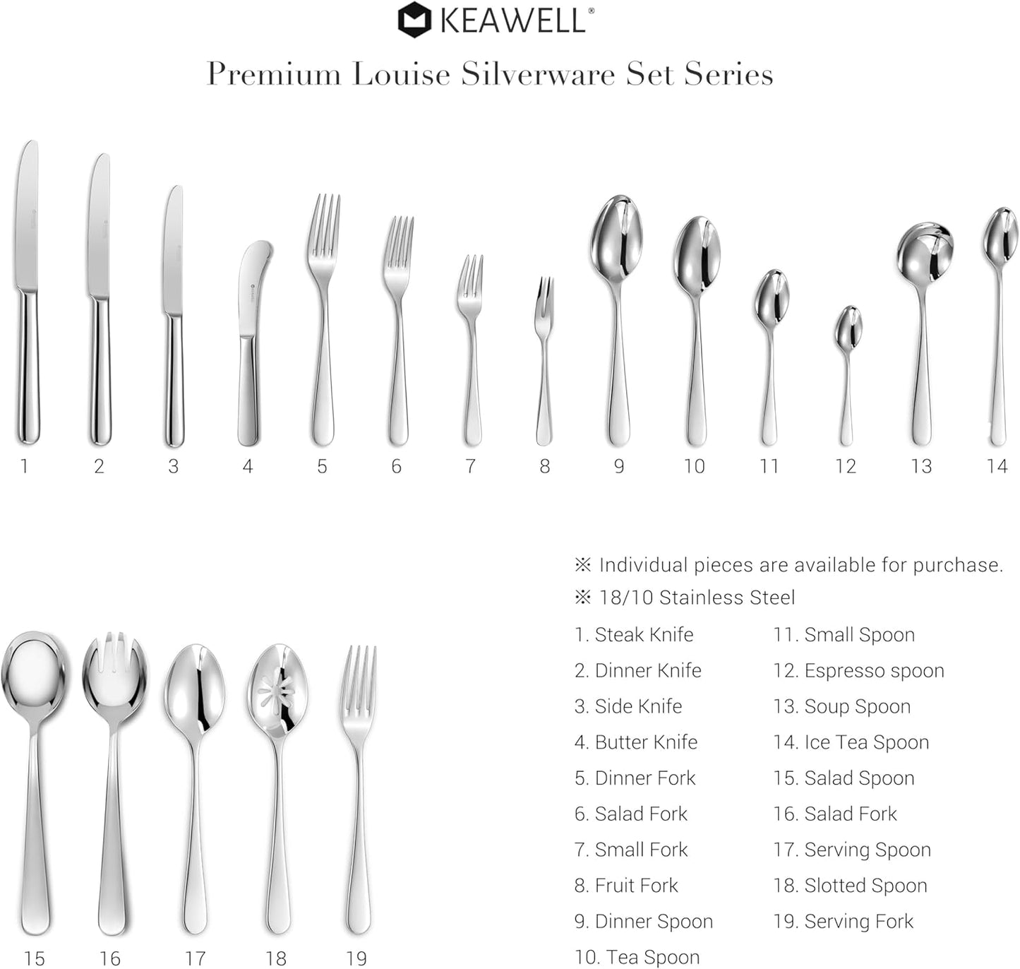KEAWELL Premium 65-Piece Louise Silverware Set, 18/10 Stainless Steel, Service for 12, Fine Flatware Set, Smooth and Exceptional mirror finish, Dishwasher Safe (65)