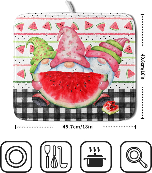 Kawani Gnomes Watermelon Dish Drying Mat for Kitchen Counter, Summer Watercolor Fruit Buffalo Check Quick Dry Absorbent Dishes Draining Mats Reversible Drainer Rack Pad 16 x 18