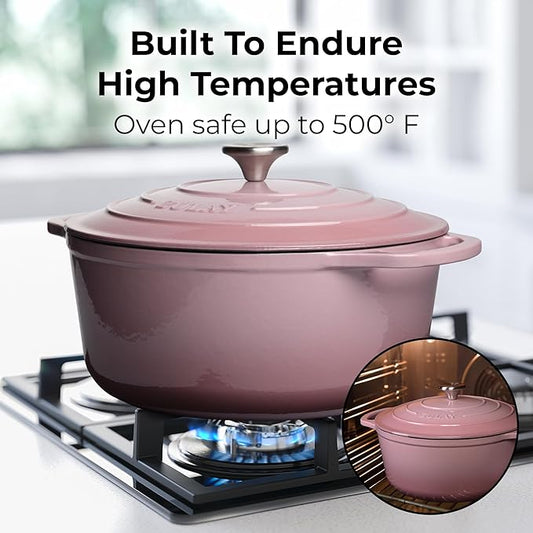 Zulay Kitchen 7.7 Quart Enameled Cast Iron Dutch Oven Pot with Lid – Premium Durability & Oven Safe up to 500°F – Heavy Duty Cookware Perfect for Bread Baking, Stews, Braising & Roasting – Pink