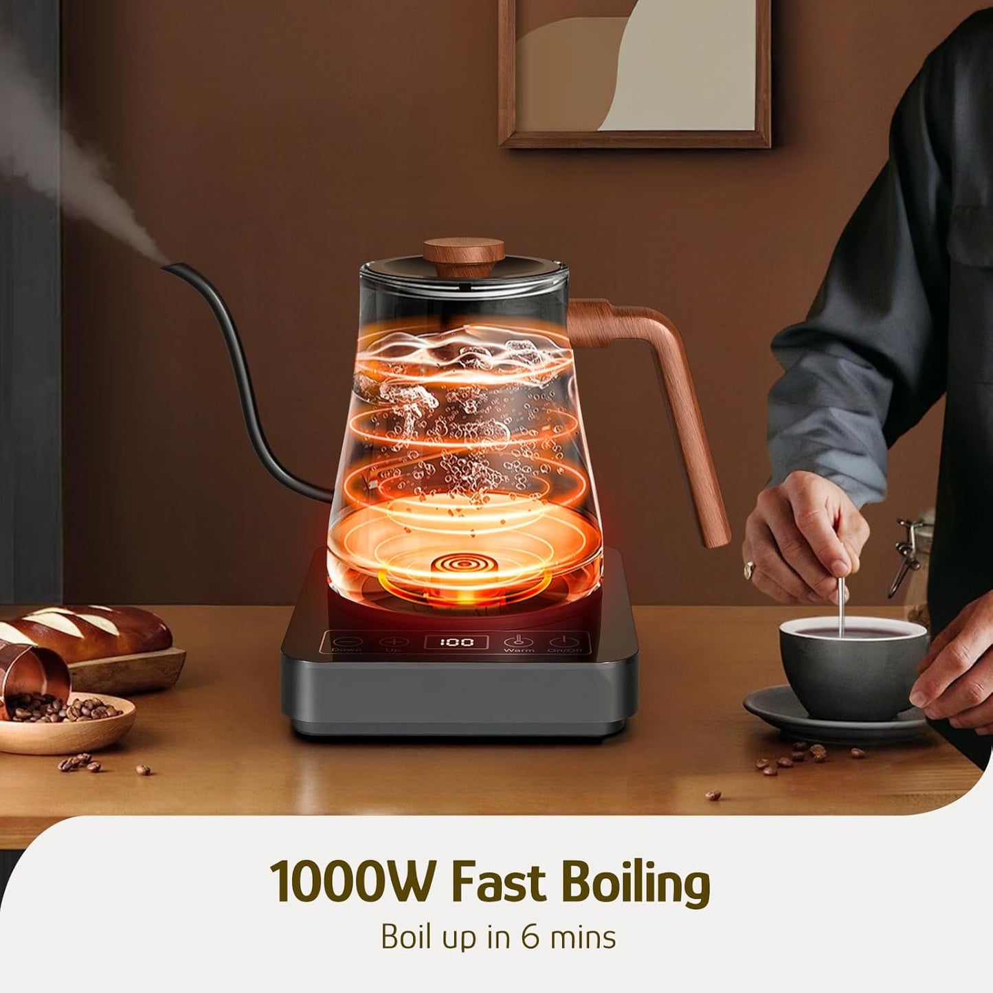 Hazel Quinn Gooseneck Electric Kettle - 0.8L / 27oz, Precise Temperature Control, 4-Hour Keep Warm, 1000W Fast Boil, 304 Stainless Steel Interior, Ideal for Coffee & Tea - Black