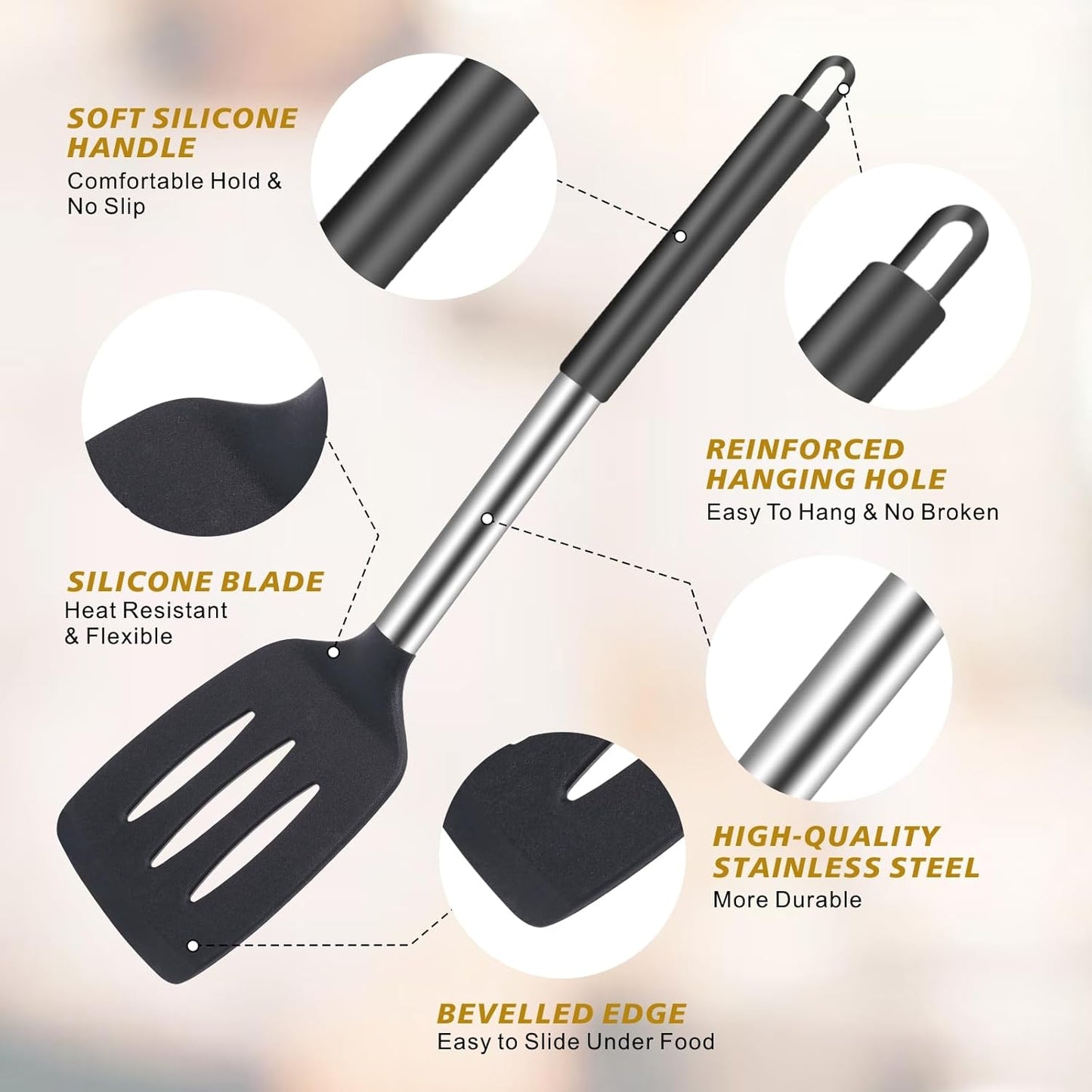 3Piece Silicone Spatula Set, Non Stick Slotted Kitchen Spatulas, High Heat Resistant BPA Free Cooking Utensils, Ideal Cookware for Fish, Eggs, Pancakes(black)