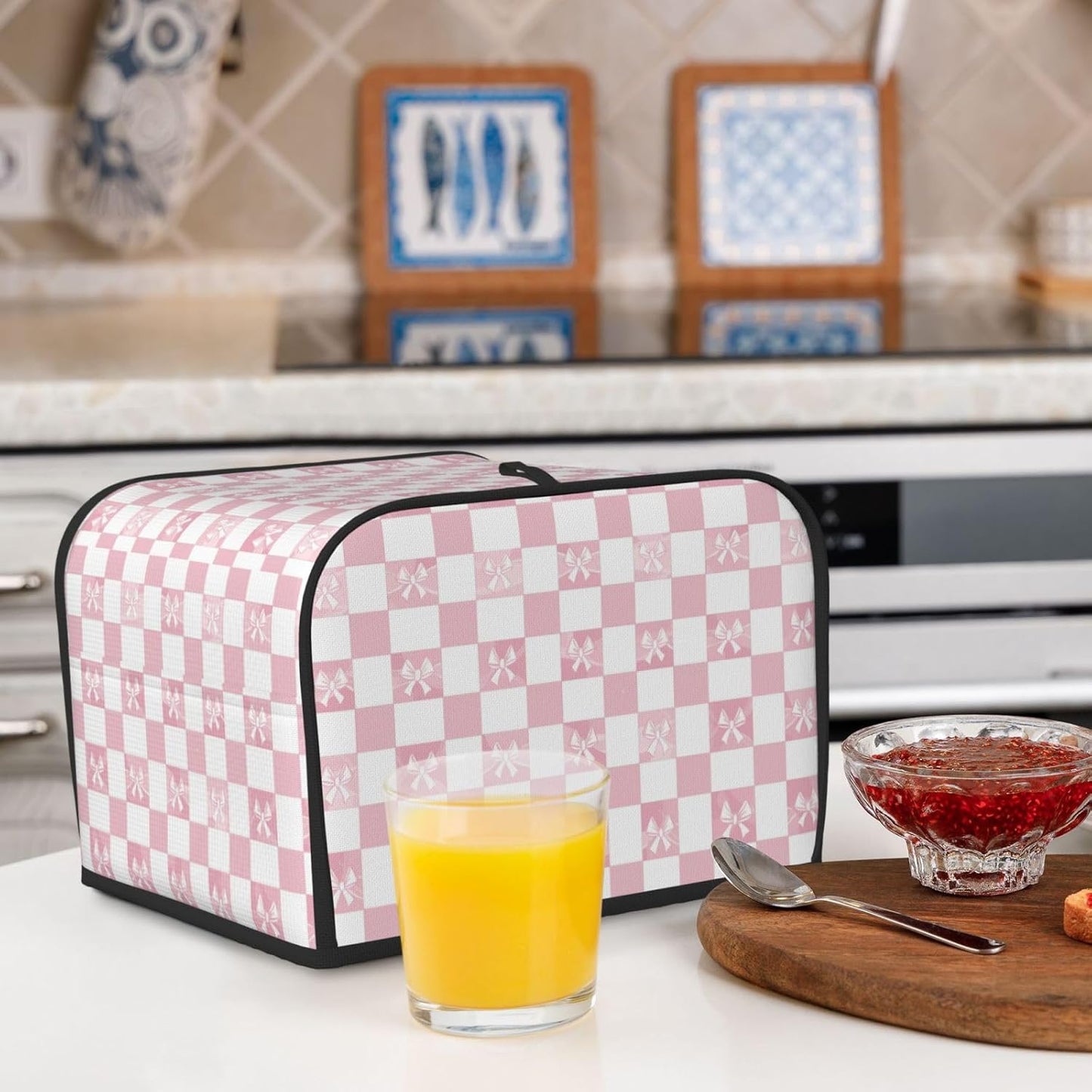 Toaster Cover 4 Slice Pink Check Bow Pattern Kitchen Small Appliance Covers with Pockets Dust and Fingerprint Protection
