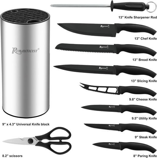 ROMANTICIST Knife Set, 10 Pieces Knife Block Set - Stainless Steel Kitchen Knives with Sharpener and Cheese Knife, Non-Slip Ergonomic Handles, Exquisite Knives Set - Stylish Black