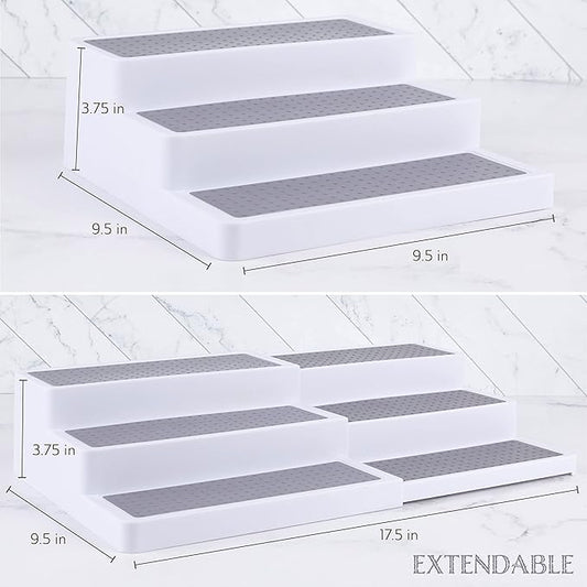 Oizeir 3–Tier Expandable Plastic Spice Rack - Adjustable Length, Stability with Non-Skid Shelf, Three Tiers for Easy Visibility, Organizer for Kitchen Cabinet, Pantry or Countertop, White/Grey