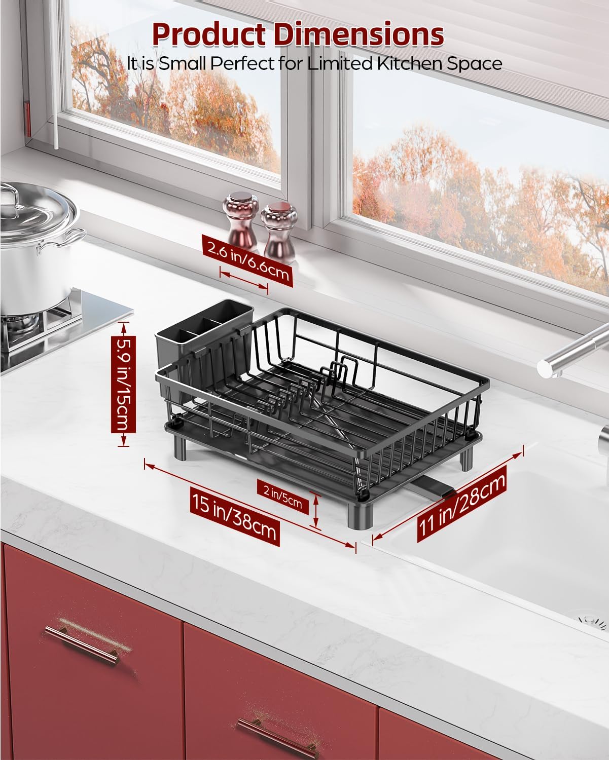 Dish Drying Rack with Cutlery Holder, Black, Kitchen Counter Organizer, Drainboard for Plates, Bowls, Utensils Rustproof Drying Rack Kitchen with Utensil Holder and Increased Feet, Black