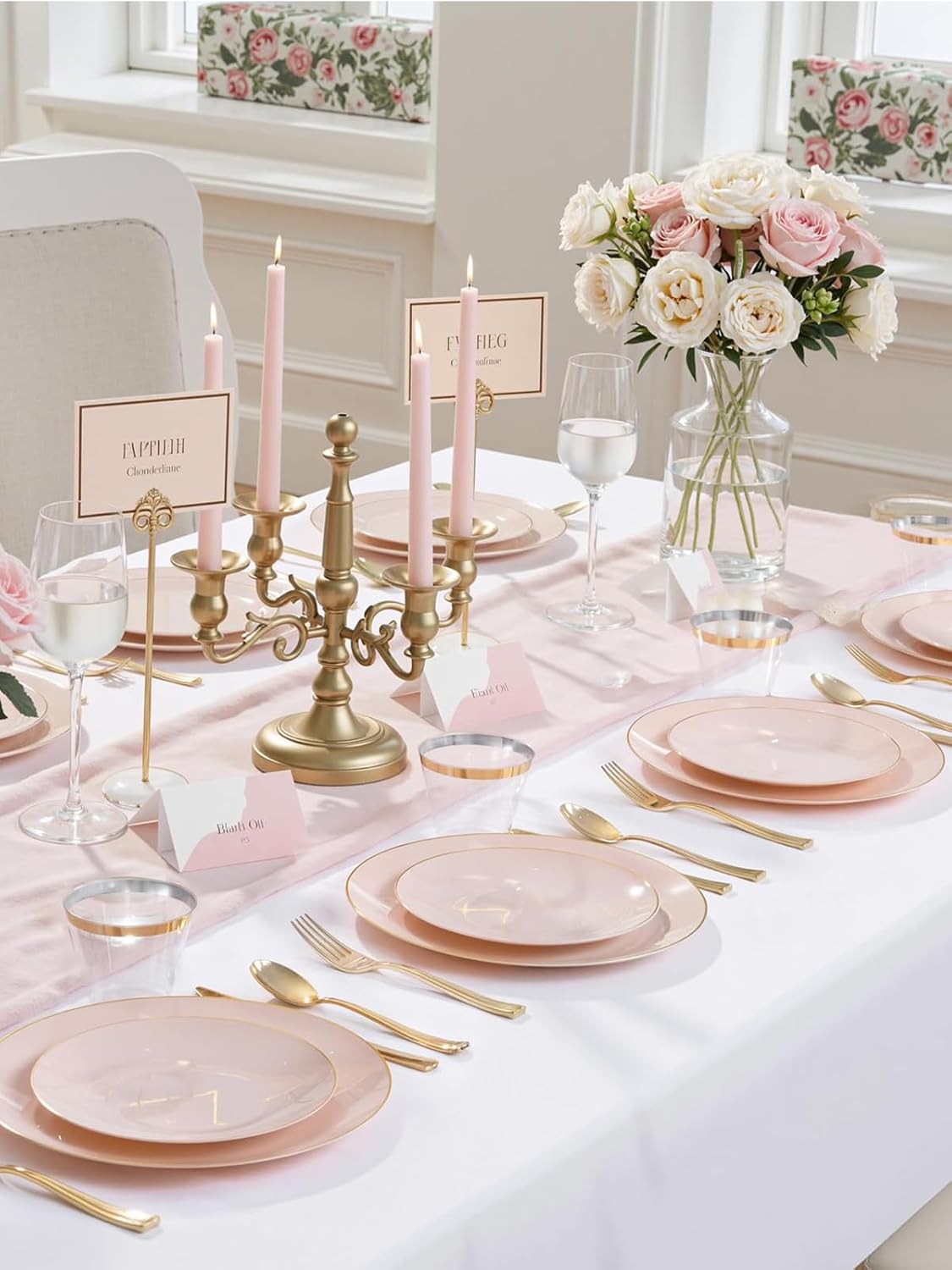 WDF 150Pcs Pink Plates Disposable - Pink and Gold Plastic Plates 25guest Disposable Dinnerware Include 25 Dinner Plate, 25 Dessert Plate, 25 Cutlery & 25 9oz Cups for Wedding & Party